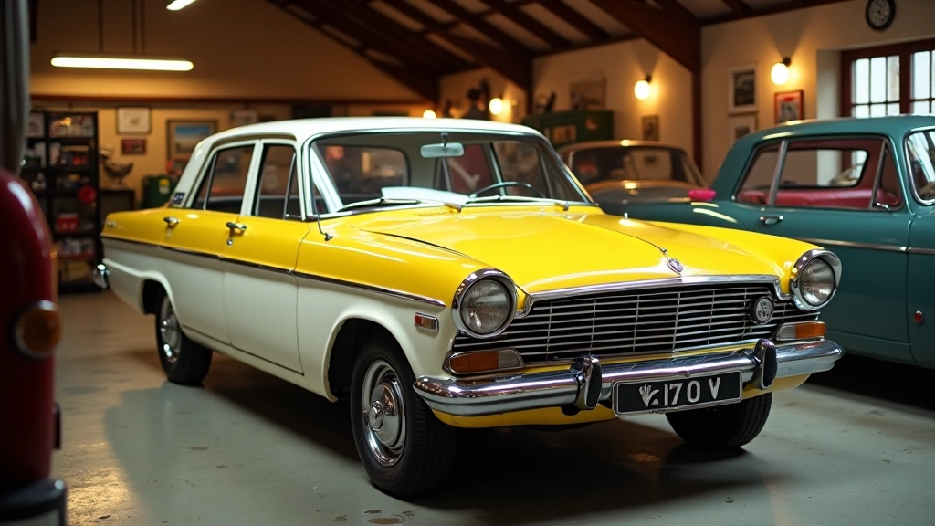 Vana klassikaline auto seisab parklas, helekollane värviga ja valge autodaki, 1970ndate stiilis