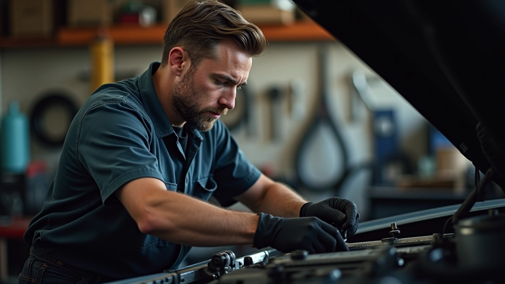 Mehhaanik kontrollib klassikalise auto mootoriosa, tööriistadega, garaažis, kontsentreeritult